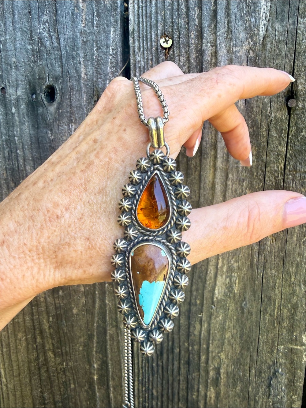 Gorgeous Custom Royston Turquoise & Amber Sterling Silver Pendant